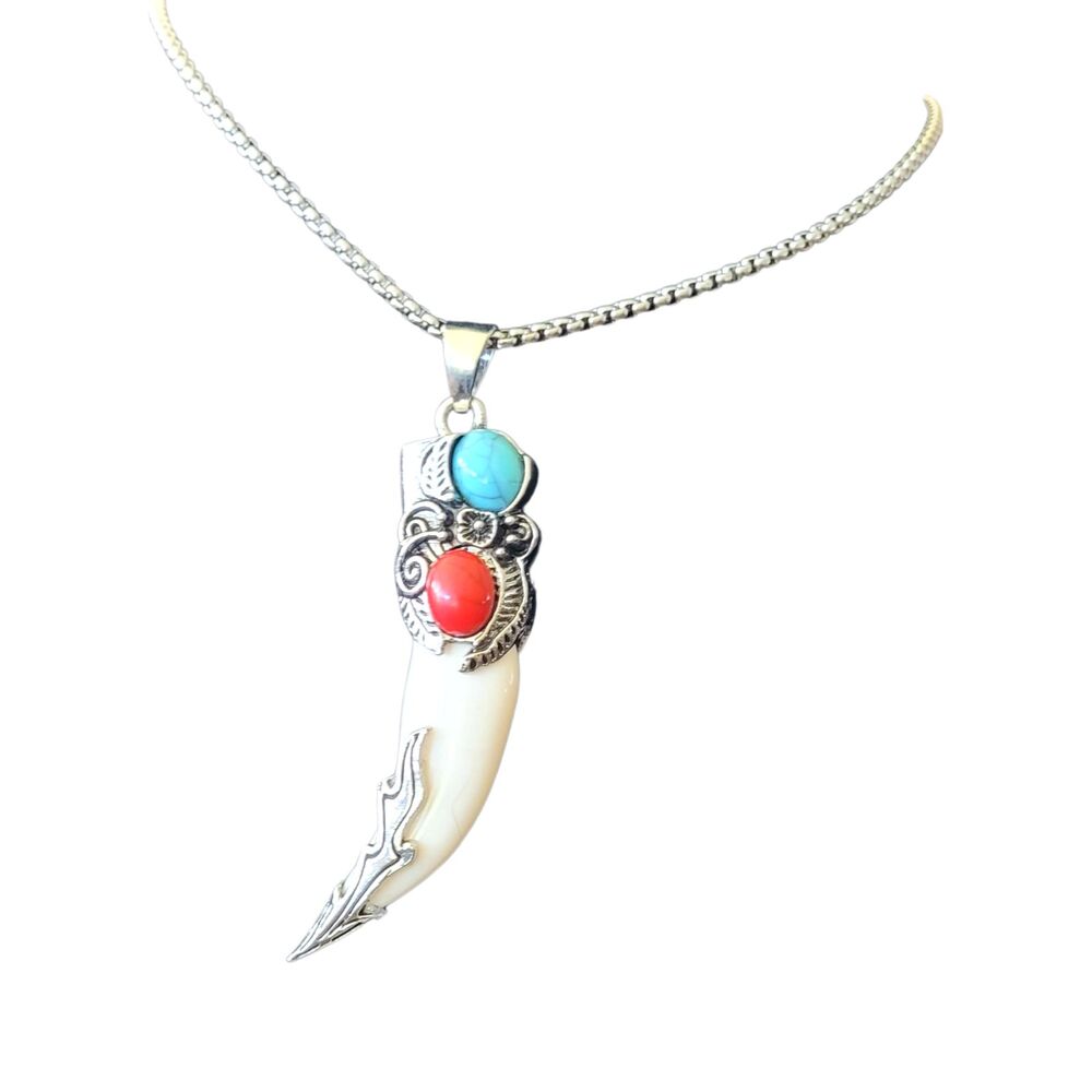 22" Snake Chain with 3" Horn Pendant embellished with Faux Turquoise Red & Blue